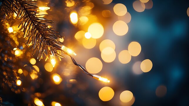 Warm golden fairy lights twinkle on festive branch creating magical bokeh background for holiday celebrations and winter wonder
