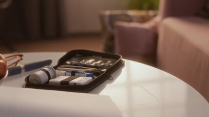 No people medium close-up of diabetes test kit lying on table in living room, in hazy evening electric light, containing necessary supplies, next to bowl of apples and eyeglasses - Powered by Adobe