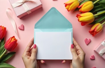Woman hands hold open blue envelope with white card inside. Pink gift boxes and tulips surround her. Pastel background suggests celebration or invitation.