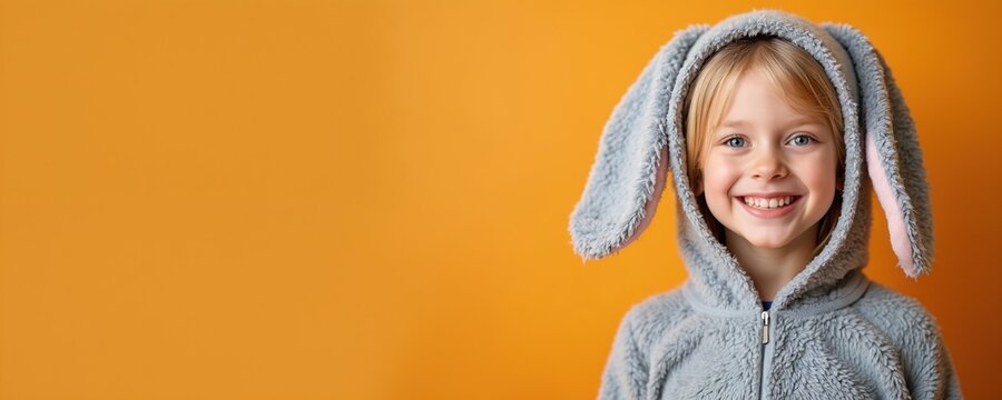 Smiling blonde girl wears grey bunny suit with large ears on bright orange background. Empty banner on left provides copy space for text. Cheerful kid celebrates Easter holiday event.