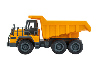 Fototapeta premium Bright yellow toy dump truck on a white background, side view, ready for construction play.