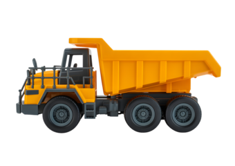 Bright yellow toy dump truck on a white background, side view, ready for construction play.