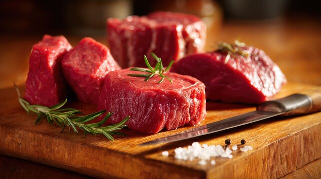 Pieces of vibrant red meat lay on a wooden board accented by herbs and a sharp knife ready for cooking.