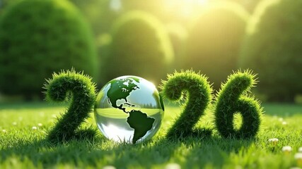 2026 numbers made of grass with transparent globe on green eco background, environmental concept of sustainability brands and earth day promotions. - Powered by Adobe