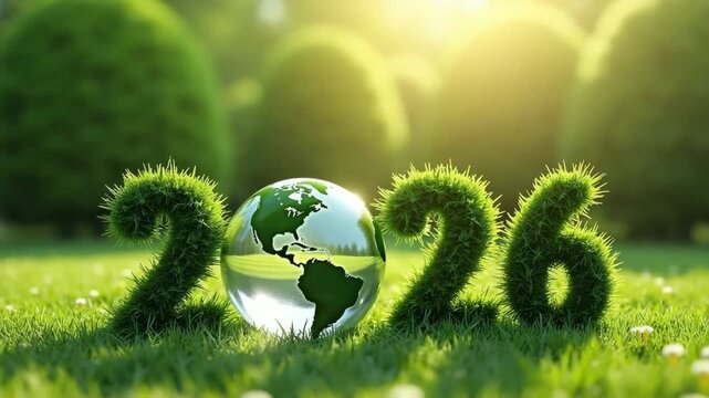 2026 numbers made of grass with transparent globe on green eco background, environmental concept of sustainability brands and earth day promotions.