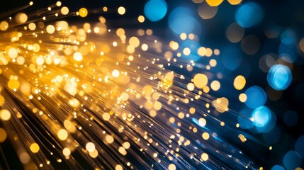 Vibrant fiber optic strands glowing with warm golden and cool blue light create a mesmerizing abstract background for technology and innovation concepts.