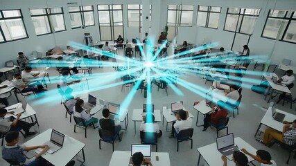 High Angle View of Students in a Modern Classroom Using Laptops with a Centralized Data Network Visual Representation - Powered by Adobe