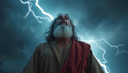 Elderly man with long beard and hair looks up at lightning storm. He wears simple robes and a red sash. Divine revelation or powerful prophecy.