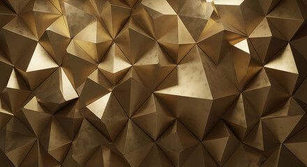 Image of polygonal golden metallic surface, creating a complex geometrical texture, symbolizing luxury, technology, and modern aesthetic for design