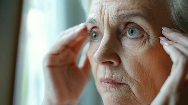 Portrait of a thoughtful, older woman with blue eyes and gray hair, emphasizing the fineness of her facial features and the lines of aging gracefully. Elegant portrait art showcasing human emotions.