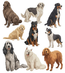 A diverse collection of nine different dog breeds illustrated realistically.