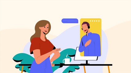 Dynamic video call animation with professional support agent assisting a client remotely with a helpful, empathetic gesture in a modern setting - Powered by Adobe
