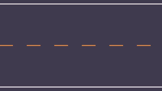 Loop animation of a moving blue background with yellow broken lines. Driving along a road with lines. Highway street, top view.