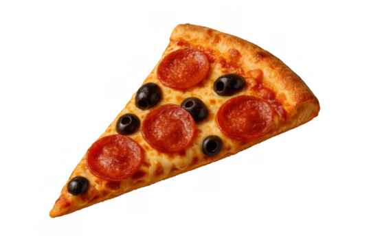 Pizza slice with pepperoni and black olives on transparent background, italian food for lunch or dinner delivery