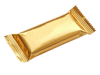 Golden foil wrapped candy bar isolated on transparent background
