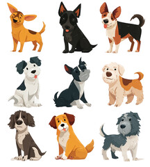 Set of nine adorable cartoon dogs in various breeds and poses.