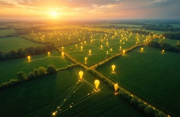 Aerial view of vast farmland with green fields, trees at sunrise. Network of glowing yellow lights connects fields. Lines of light represent connectivity, technology integration in agriculture.