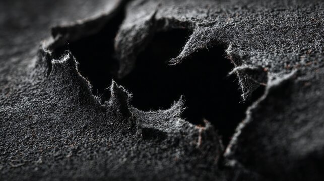 Detailed close-up of black fabric showing frayed edges and wear, highlighting the texture and patterns, creating a striking visual impact and depth in the composition
