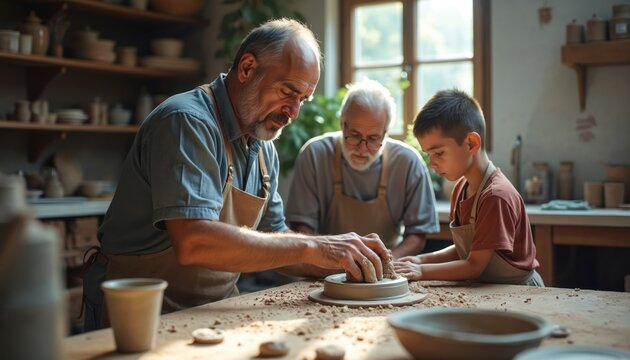 Father teaches son pottery making. Grandfather watches boy learn craft at table. Family works together shaping clay with hands creating ceramic art in workshop.