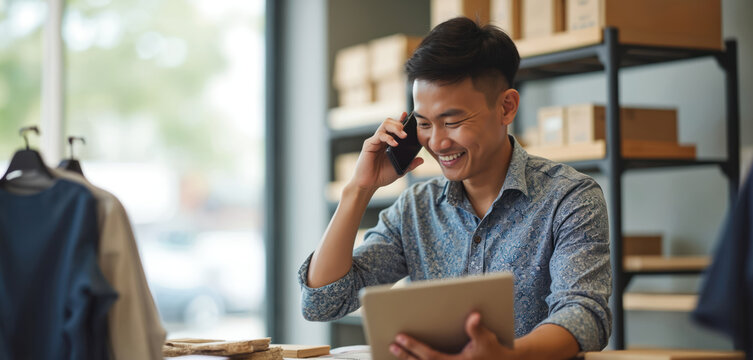 Asian man talks on phone and uses tablet at work. He works in retail store with boxes on shelves. Employee checks inventory on tablet and speaks with customer on mobile phone.