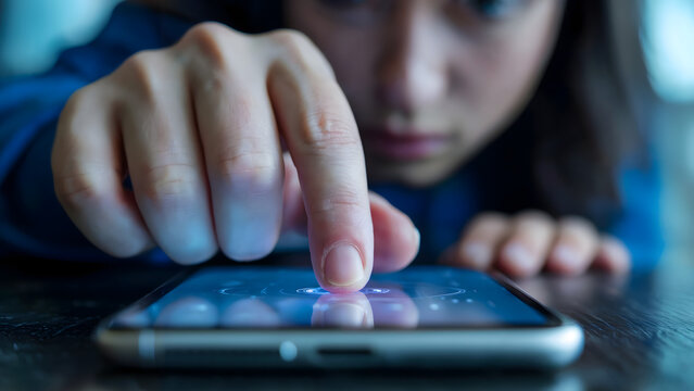 Close-up of finger tapping smartphone, glowing blue screen, blurred girl's face, child focused on phone, screen time concept, modern technology.