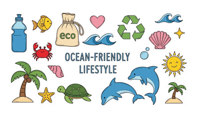 Naklejka premium Ocean friendly lifestyle icons and symbols