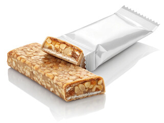 Two granola bars with one partially unwrapped isolated on transparent background
