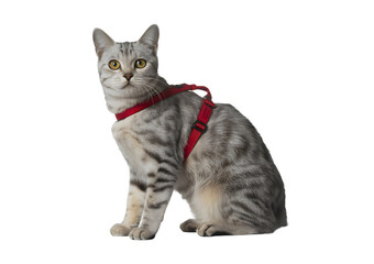 Obraz premium A silver tabby cat with yellow eyes wearing a red harness, sitting and looking forward on a white background.