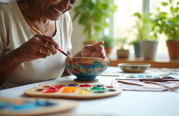 Smiling senior woman paints ceramic bowl. She uses paintbrush and palette with colorful paints. Art workshop with eco plants on window. Mature artist enjoys creative activity hobby indoors.
