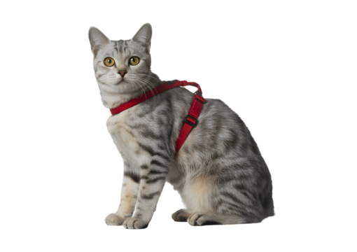 A silver tabby cat with yellow eyes wearing a red harness, sitting and looking forward on a white background.