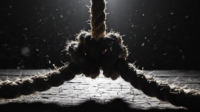 Dramatic dolly shot moving toward large, frayed rope knot resting on cracked wooden surface. Scene is backlit against a dark background, with dust particles floating in the air.