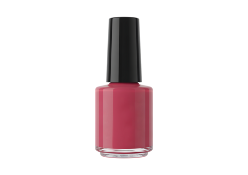 A close-up shot of a bottle of pink nail polish with a black cap, isolated on white.