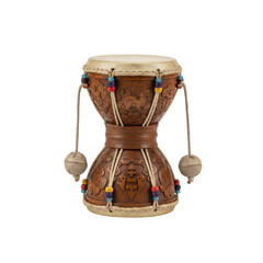 An intricate dumru percussion instrument of the himalayan region, handcrafted with traditional patterns and vibrant bead accents