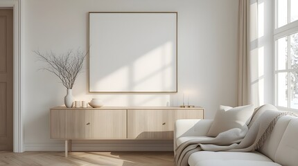 scandinavian winter living room interior, empty frame mockup, cozy white sofa, candles, snowy view, warm minimalist nordic design