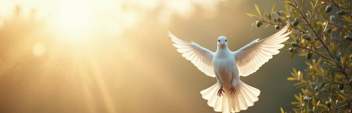 White dove of peace flies with spread wings in warm golden light. Bird hope freedom, faith. Olive branch nearby. Concept shows harmony spirit, god love for international peace day funeral.