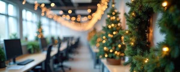 Modern office workspace decorated with Christmas trees and fairy lights. Festive holiday atmosphere creates warm ambience for staff. Seasonal decorations adorn office desks.