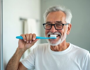 Elderly man with glasses brushes teeth in bathroom mirror. Senior smiles while cleaning mouth with blue toothbrush and toothpaste. Morning routine for dental care.