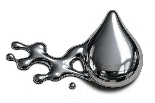 Liquid metal splash and drop with chrome reflections, metallic chemical element substance, transparent background rendering