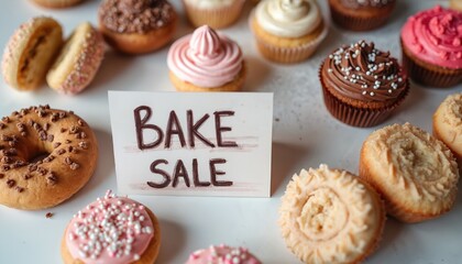 Assortment of delicious baked goods cupcakes, donuts, cinnamon rolls displayed on white surface. Bake Sale sign indicates a sweet treat promotion. Appealing for food blogs or marketing campaigns.