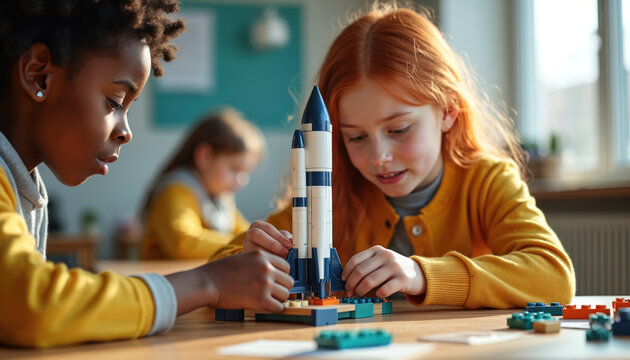 Kids study STEM. Girls, boys learn science, engineering. Students assemble rocket model in class. Children playing with toy blocks. Primary school pupils work in classroom on construction project.