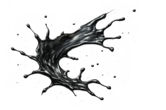 Black liquid splash creating an abstract design, pouring dark fluid with drops and splatters, transparent background