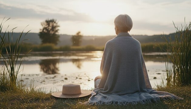 Back view of a senior woman sitting by a lake at sunset. Older person wrapped in a shawl enjoying a quiet moment in nature. Retirement and mindfulness concept