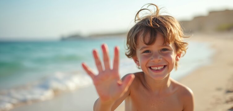 Smiling boy waves hello at sandy beach next to ocean waves. Child enjoys sunny day outdoors, playful gesture. Kids summer vacation fun. Pure joy, pure childhood freedom.