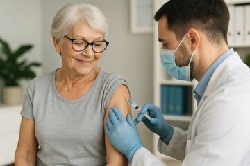Elderly woman smiling while getting vaccinated by a healthcare professional wearing gloves and a mask in a clinic setting.