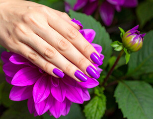 Fototapeta premium Beautiful lilac manicure on a woman's hand. Manicure with purple semi-permanent nail polish applied to oval nails