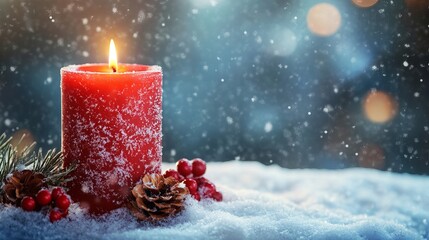 Warm, glowing red candle embraced by winter snow, pine, and holly berries, creating a cozy, festive holiday atmosphere with soft bokeh lights.