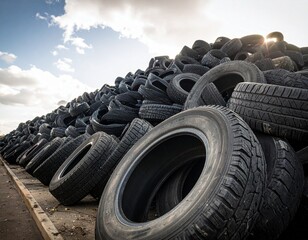 A pile of used tires for recycling