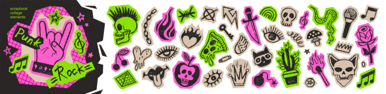 Punk rock grafitti. Music tattoo sticker. Punk graffiti collage. Fire heart skull rose arrow cat. Rock music street collage. Cutout doodle scrapbook icon. Y2k neon paper sticker bg. Scribble graffiti