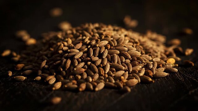 Pile of small seeds on a dark surface in a moody light setting
