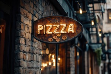 A glowing PIZZZA neon sign with small pizza illustrations hangs on a rustic brick wall, lighting up a charming city street at evening.